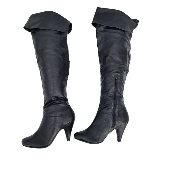 Vintage 90s Vegan Faux Leather Knee High Boots 7 Black Cuffed Heeled Pirate - Picture 1 of 9